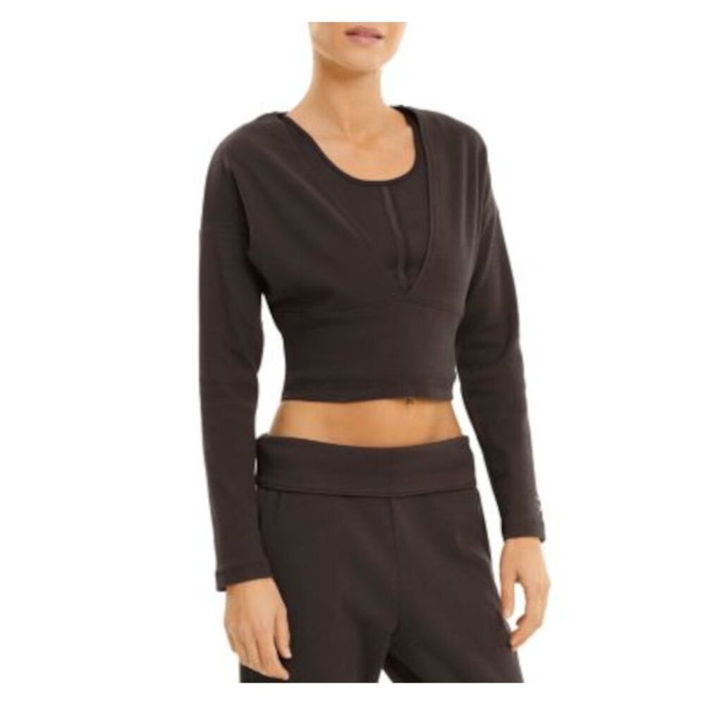 PUMA Womens Brown Knit Ribbed Long Sleeve V Neck Active Wear Top L